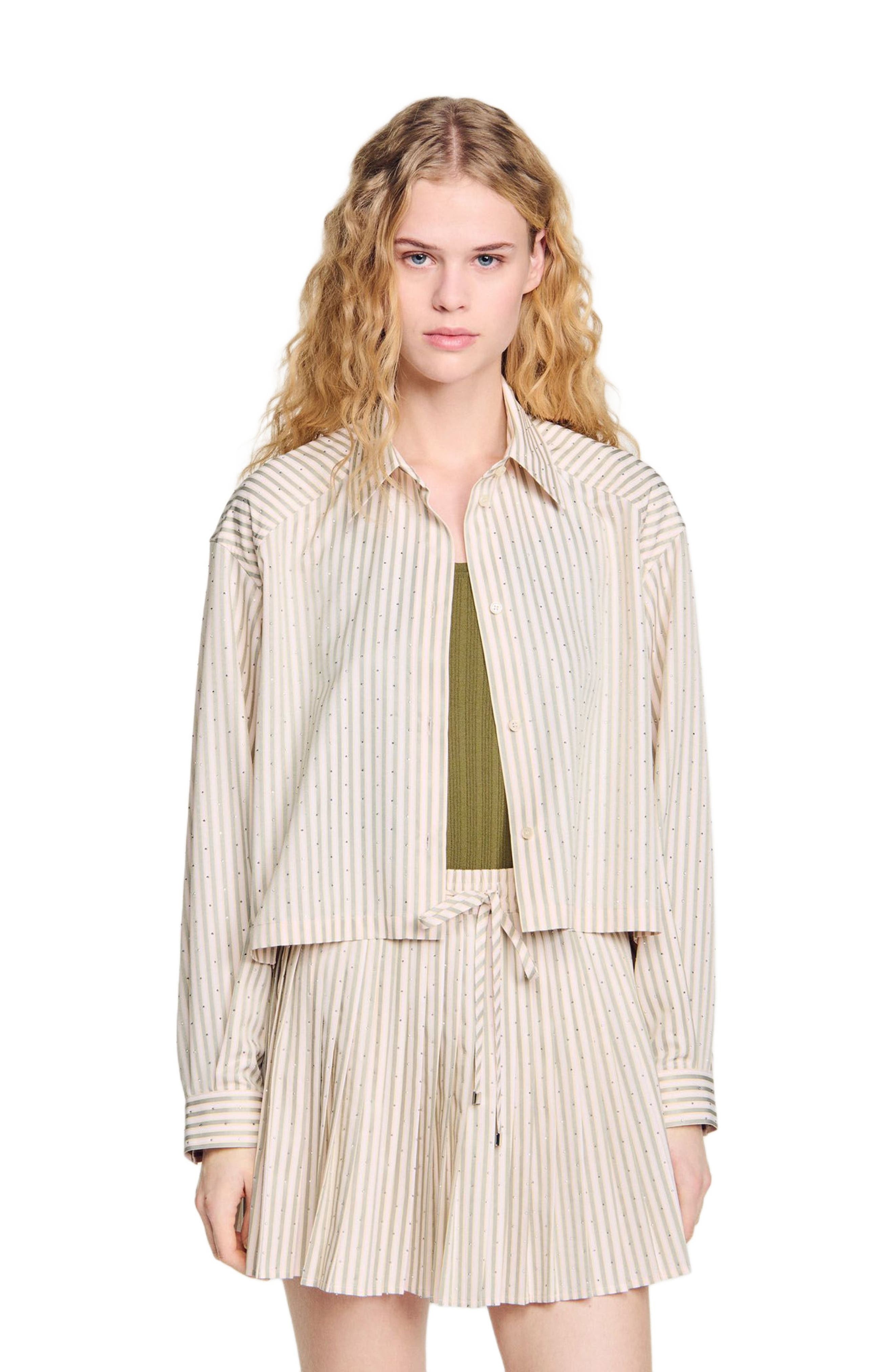 SANDRO Striped rhinestone shirt in Khaki /Pink at Nordstrom - 1