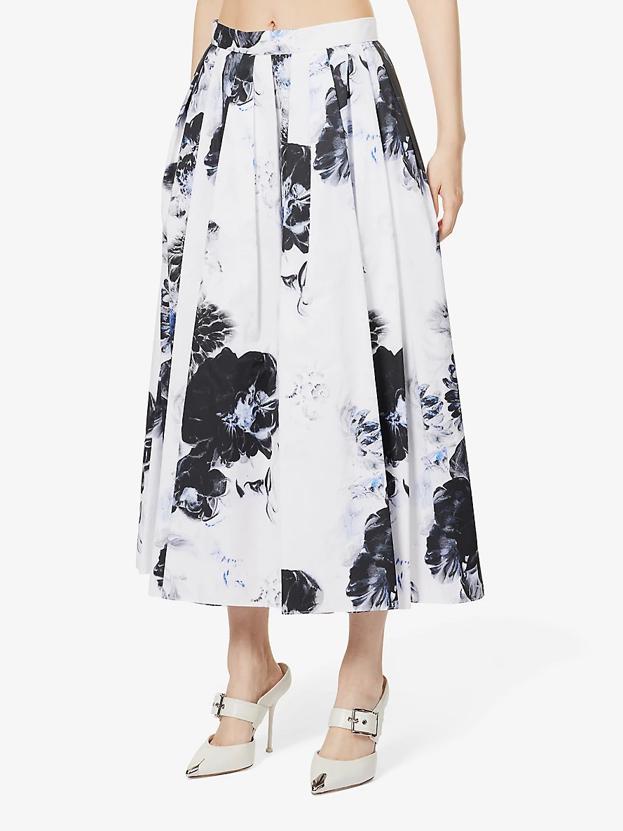 Floral-print pleated cotton midi skirt - 3