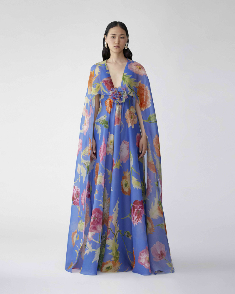 CAROLINA HERRERA Poppy-Print Organza Gown with Cape outlook