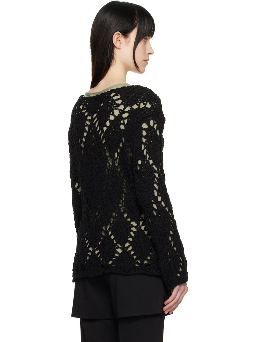 Black Cotton Argyle Pointelle Pullover Sweater - 3