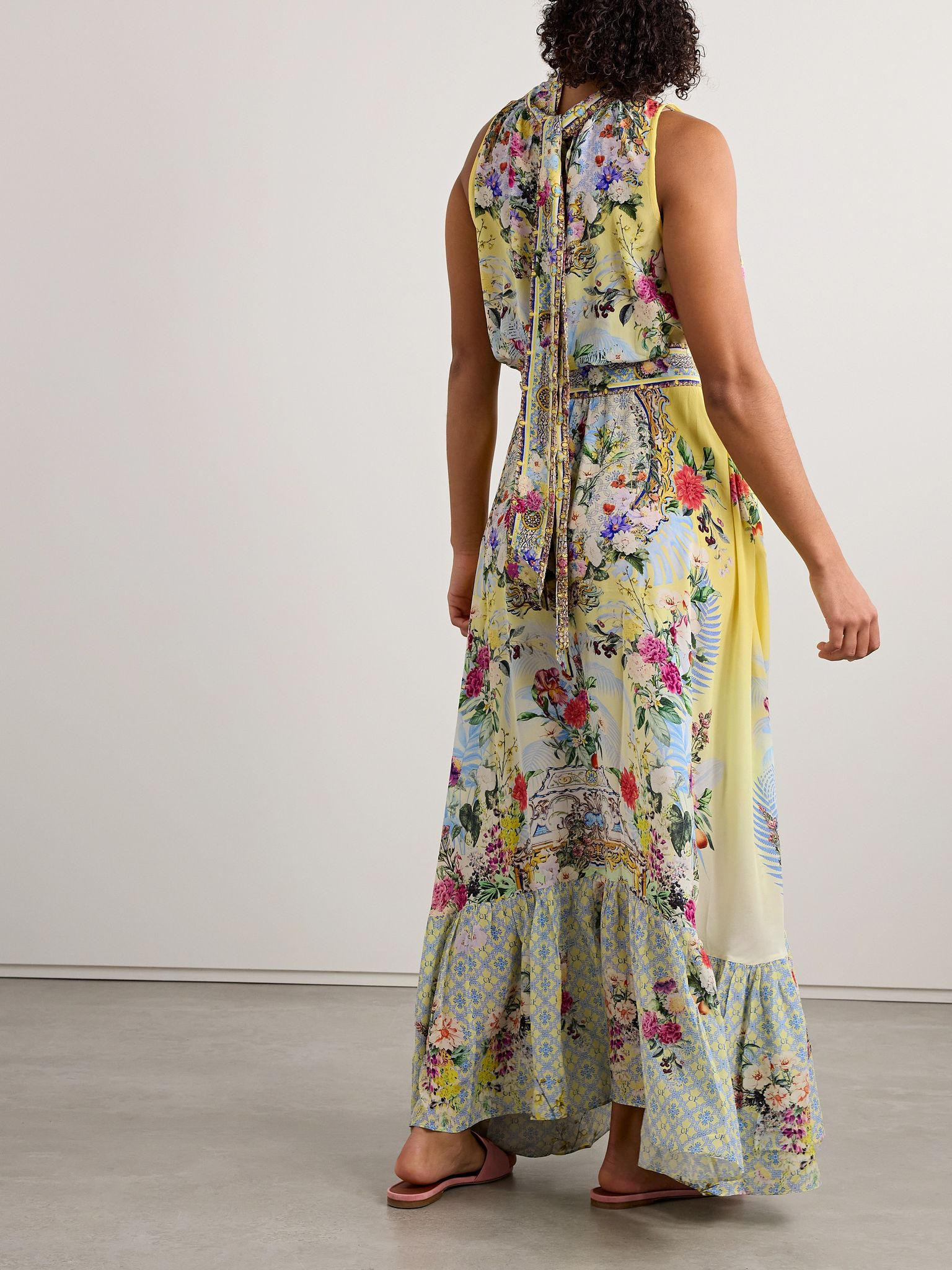 Belted tie-neck crystal-embellished floral-print silk-georgette maxi dress Yellow - 3