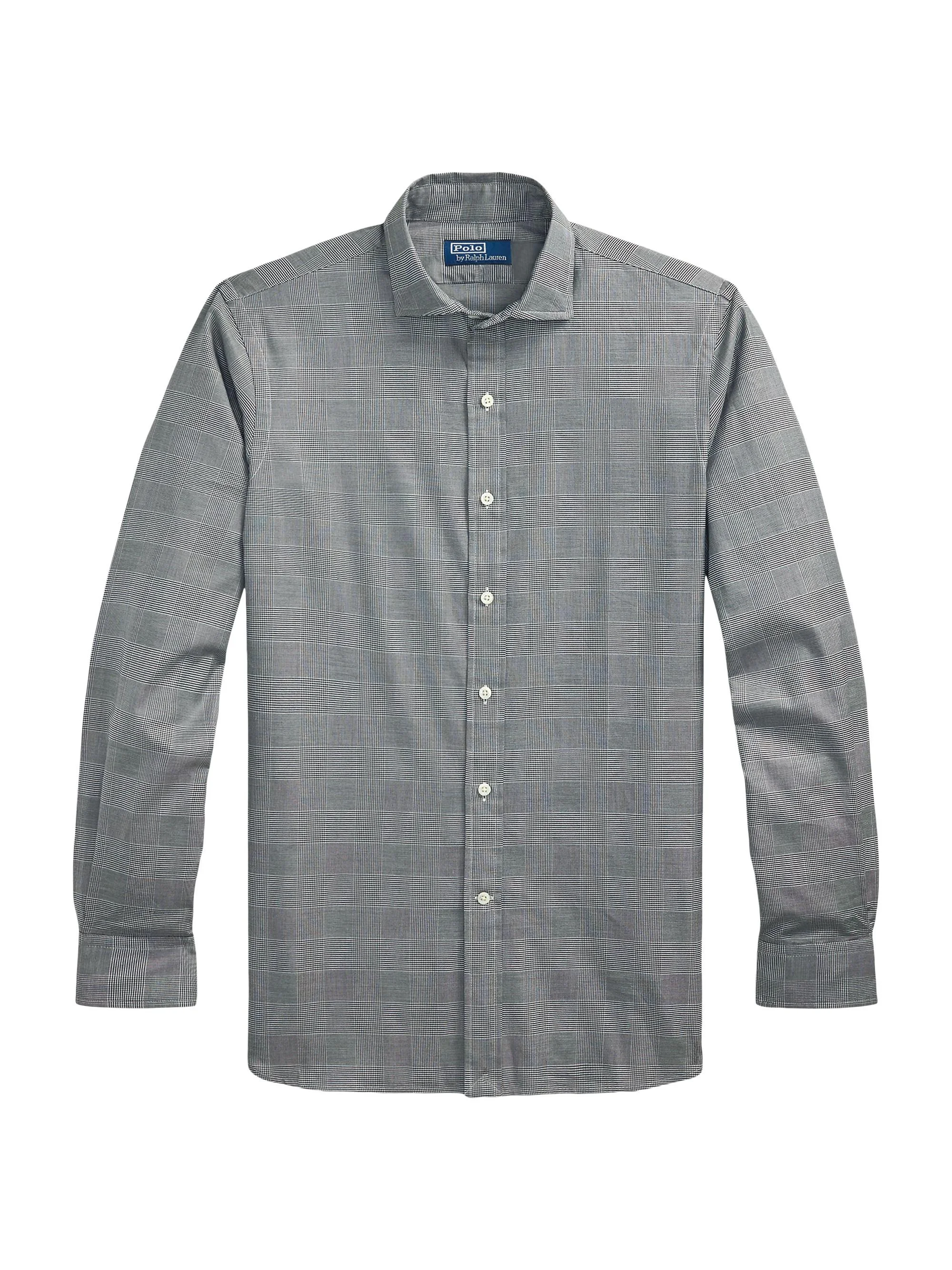 Men's Plaid Cotton Long-Sleeve Shirt - Polo Black White - 1