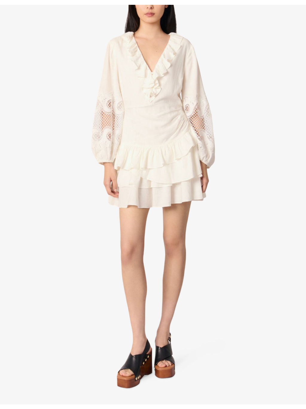 V-Neck Lace-Insert Woven Mini Dress - 2