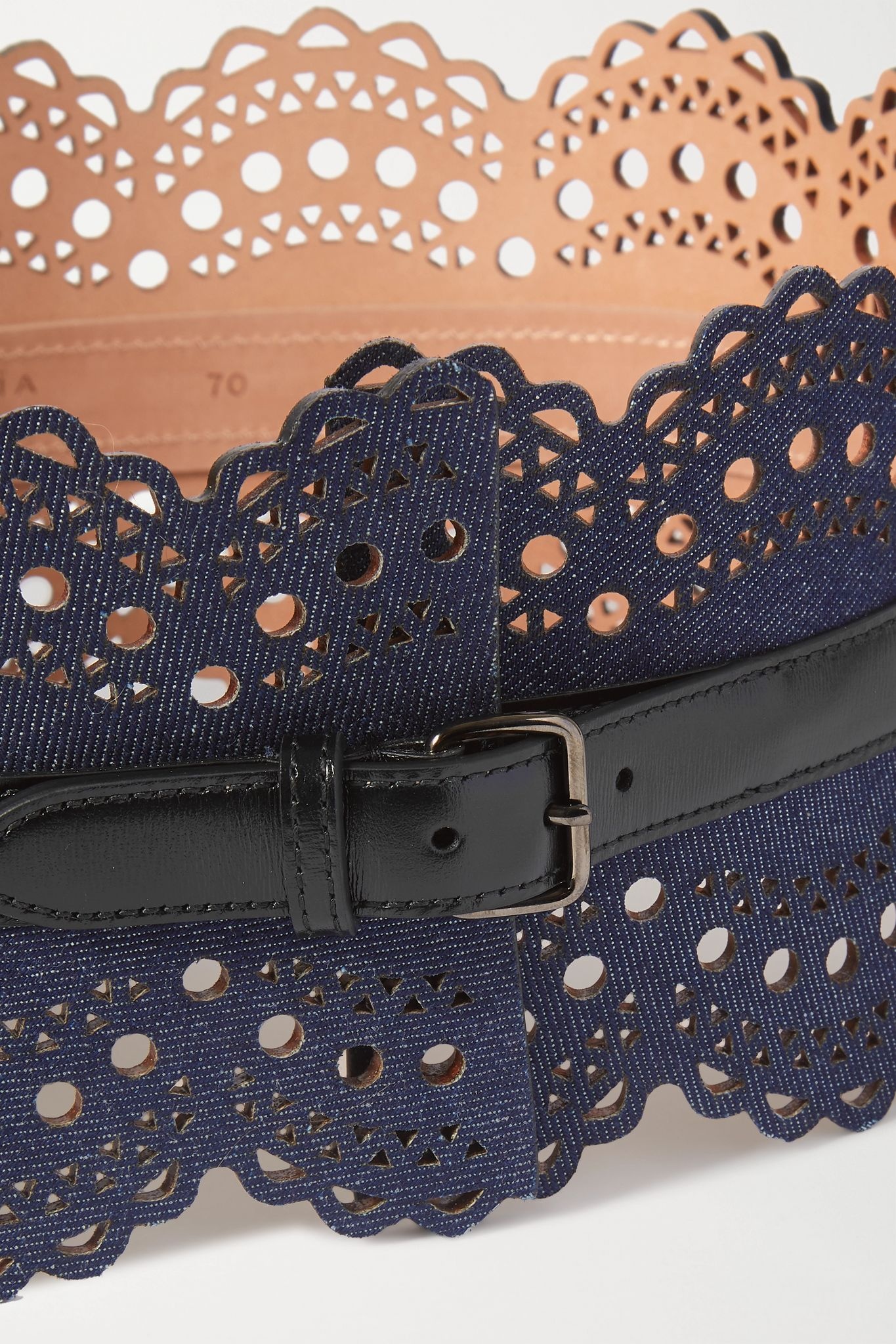 Laser-cut denim and leather waist belt - 3