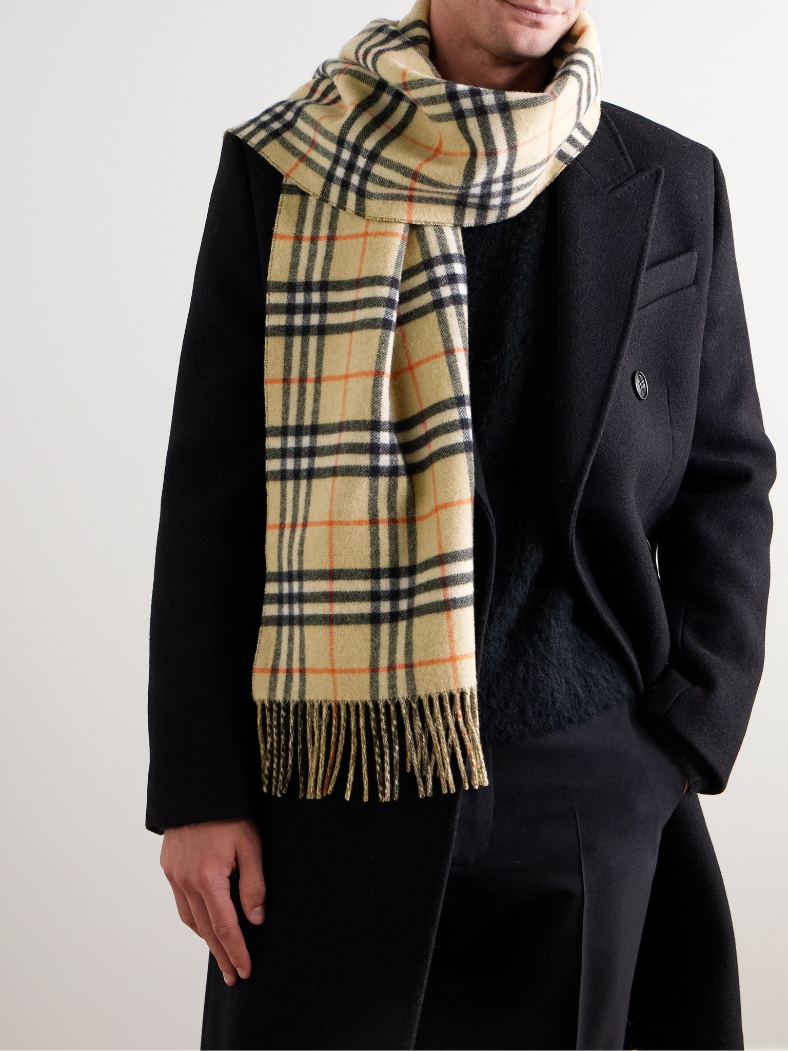 Reversible Fringed Checked Cashmere Scarf Beige - 2