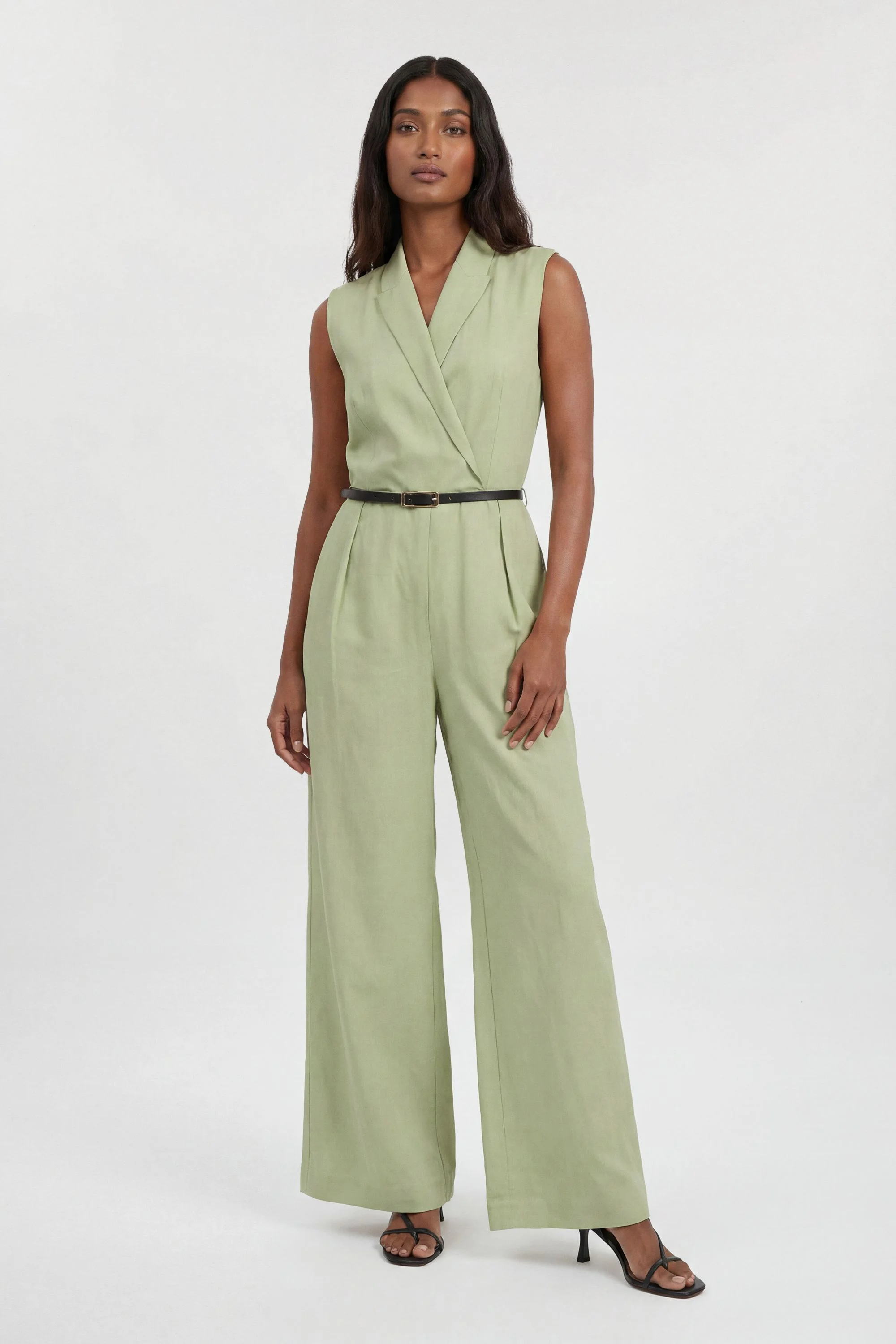 Premium Viscose Linen Tailored Belted Wide Leg Jumpsuit - 1