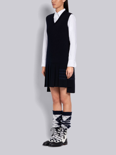 Thom Browne Navy Fine Merino Wool Milano Stitch Shetland Tonal 4-Bar V-neck Sleeveless Pleated Dress outlook