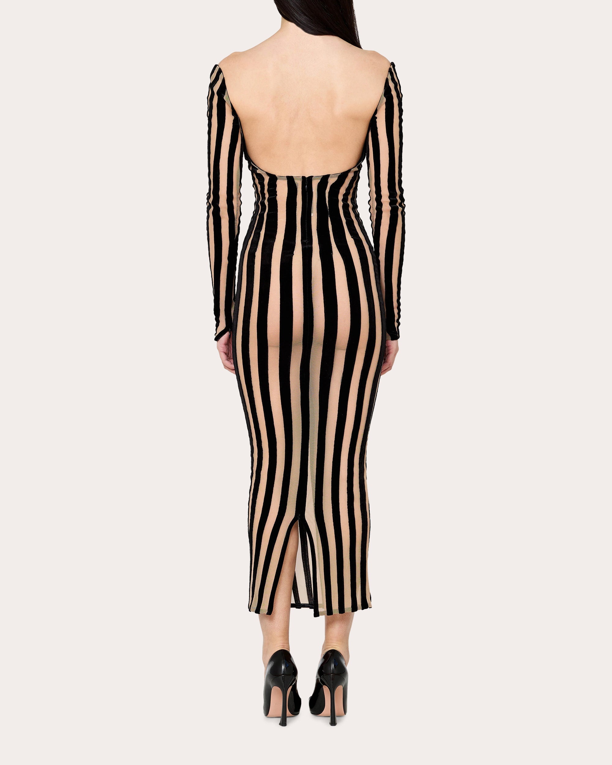 Striped Mesh-Panel Midi Dress - 3