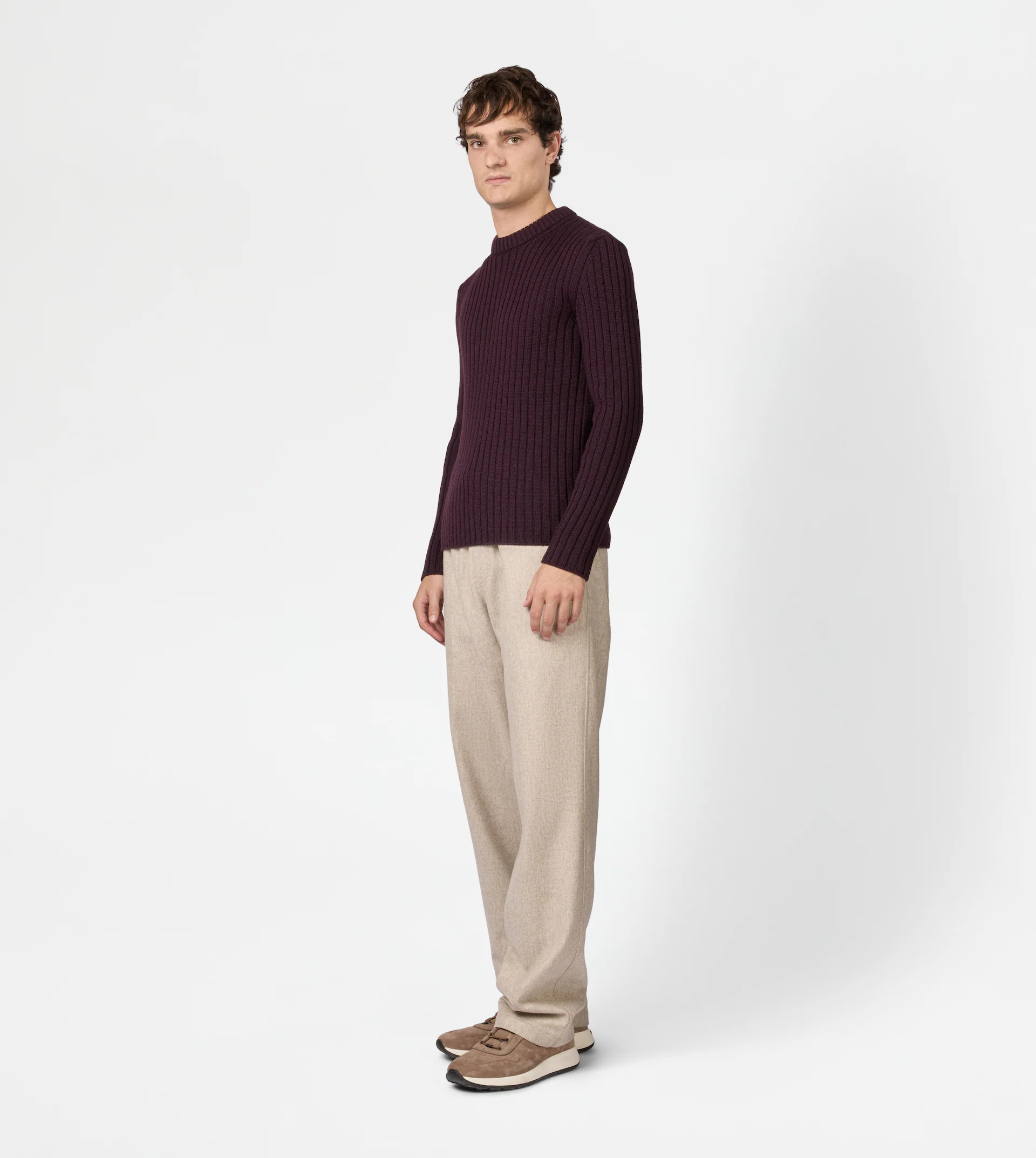 ROUND-NECK PULLOVER IN MERINO WOOL - BURGUNDY - 2