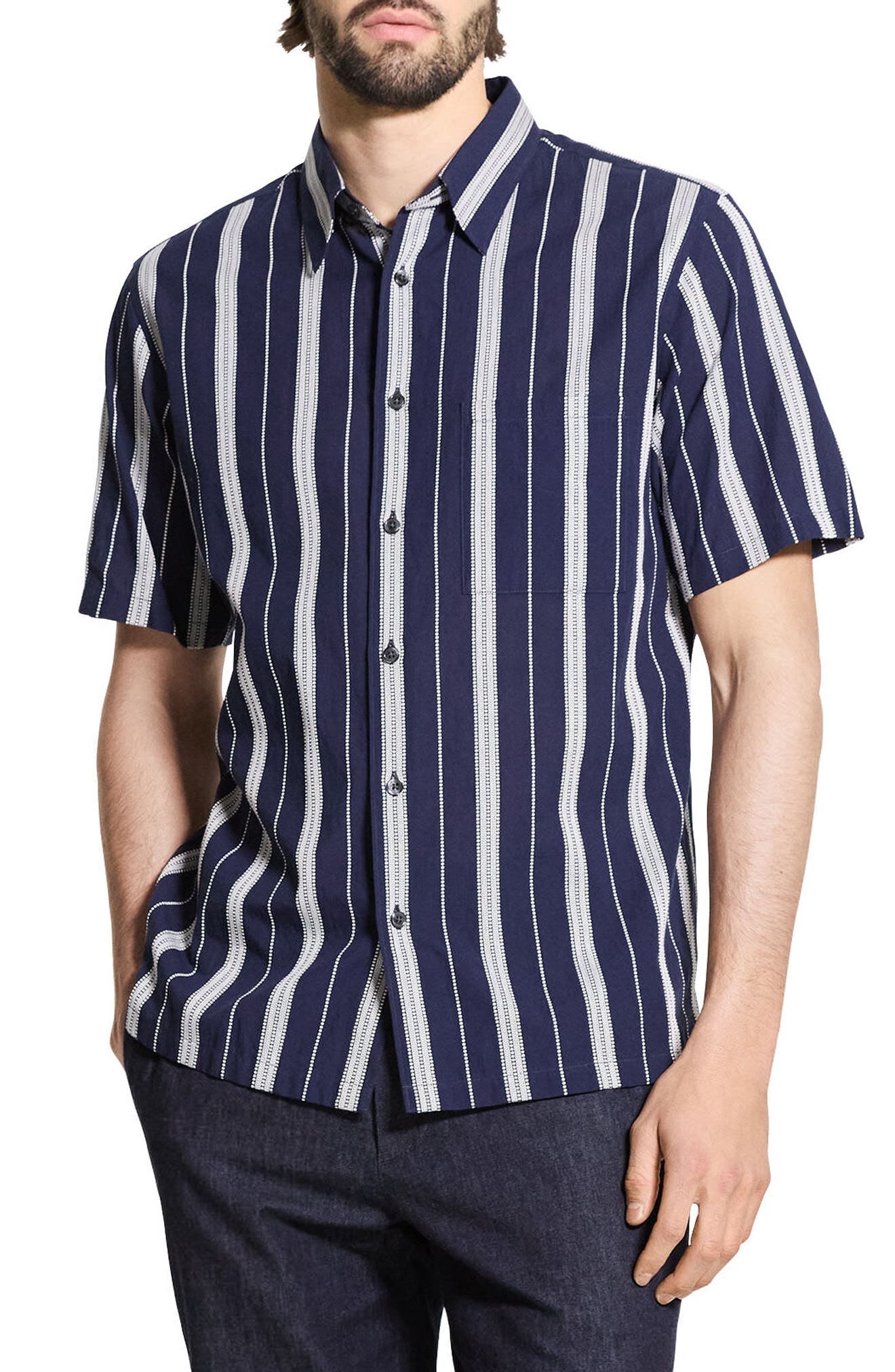 Theory Noll Summer Dobby Short Sleeve Button-Up Shirt in Baltic/White at Nordstrom - 1