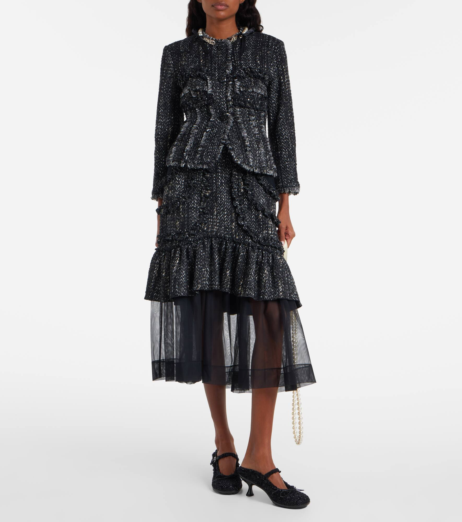 Tulle-trimmed high-rise tweed midi skirt - 2