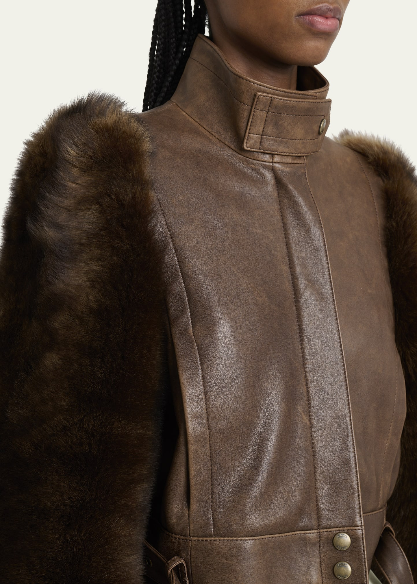 Faux Fur Sleeves Leather Bomber Jacket - 5