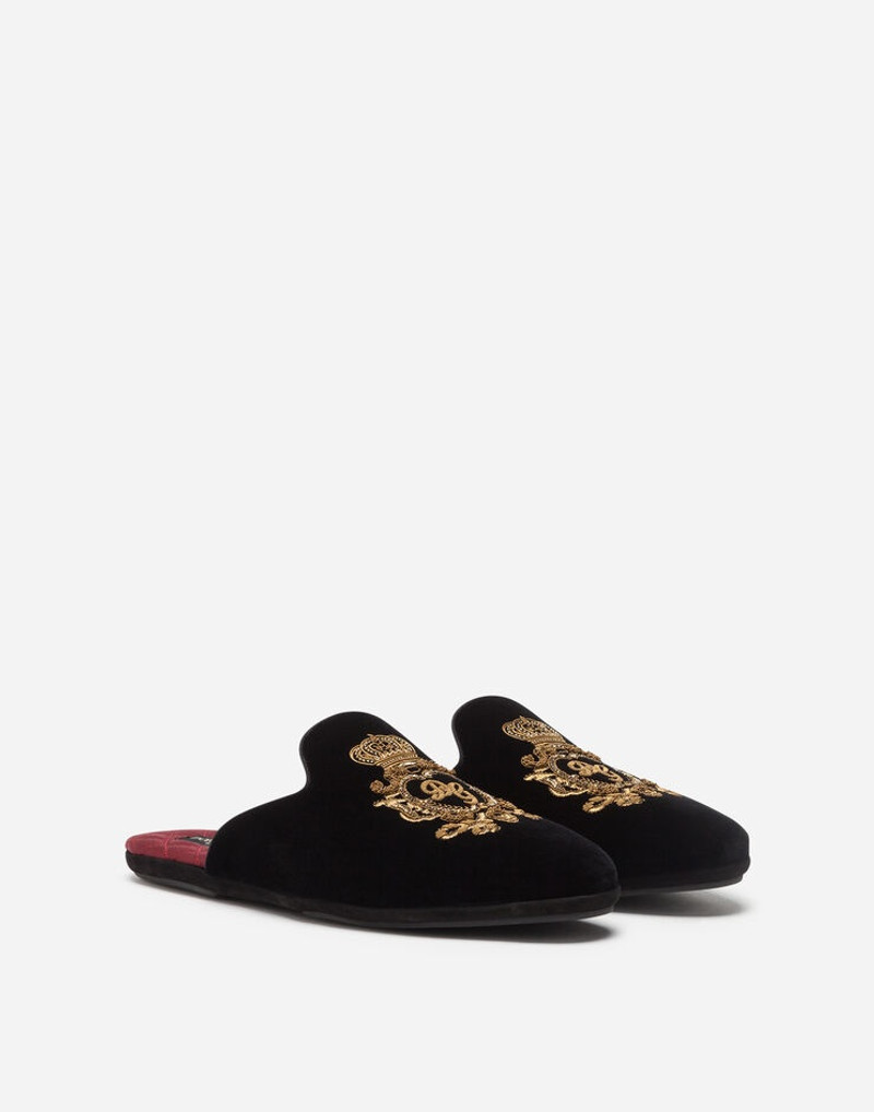 Velvet open-back slippers with coat of arms embroidery 2