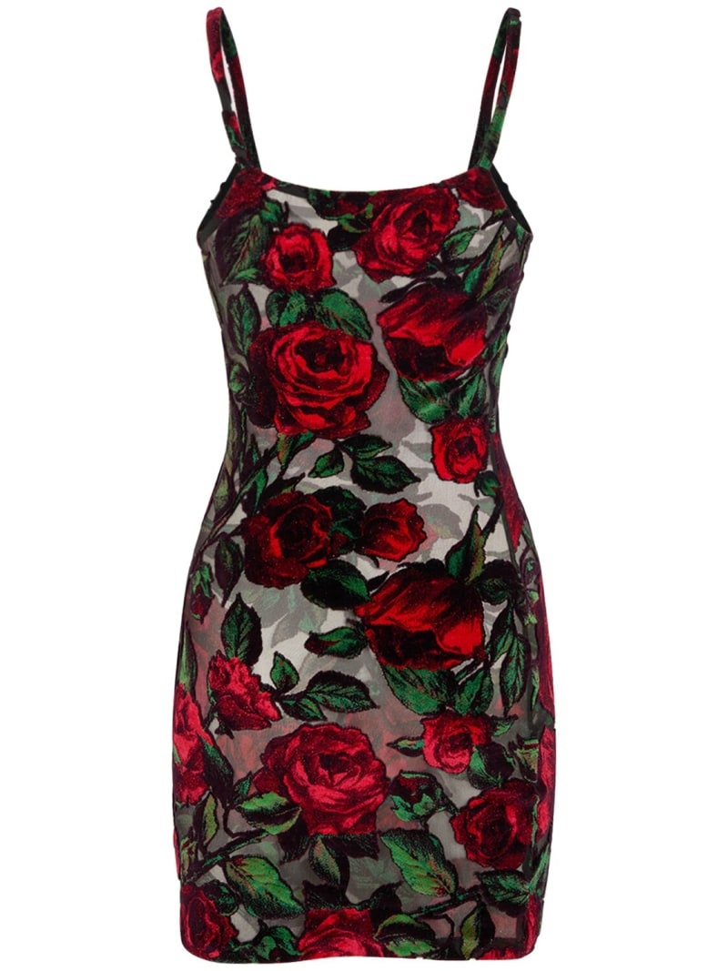 Rose print velvet mini dress - 4