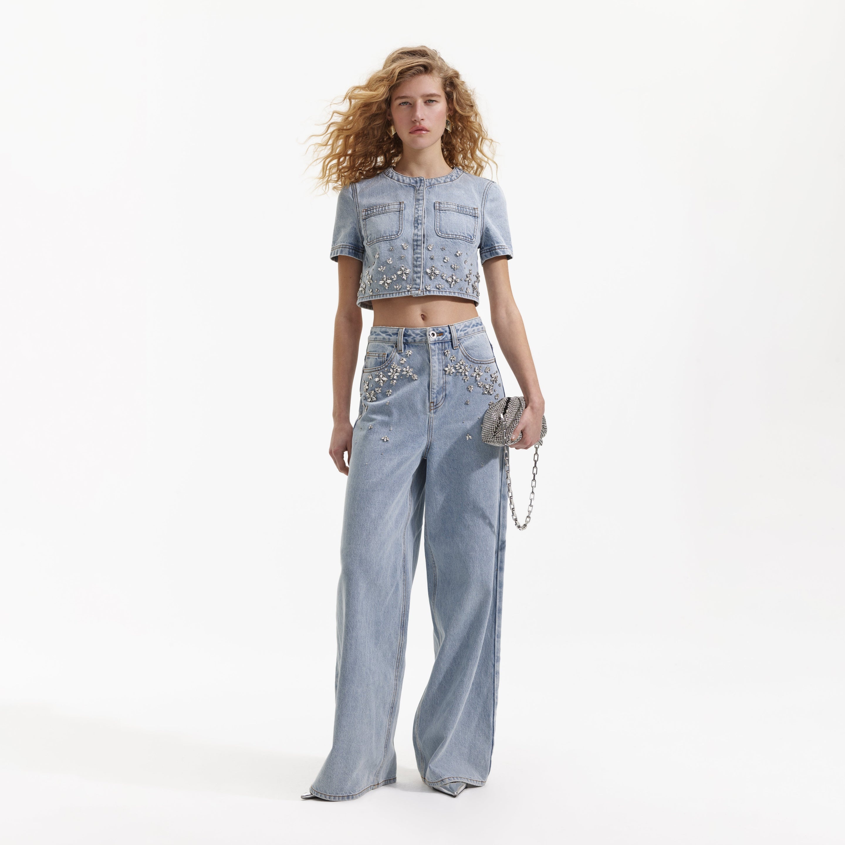 Blue Embellished Jeans - 1