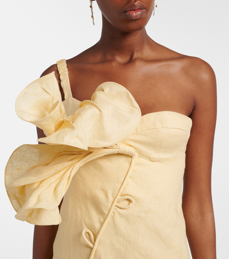 Foral-appliqué one-shoulder linen midi dress 4