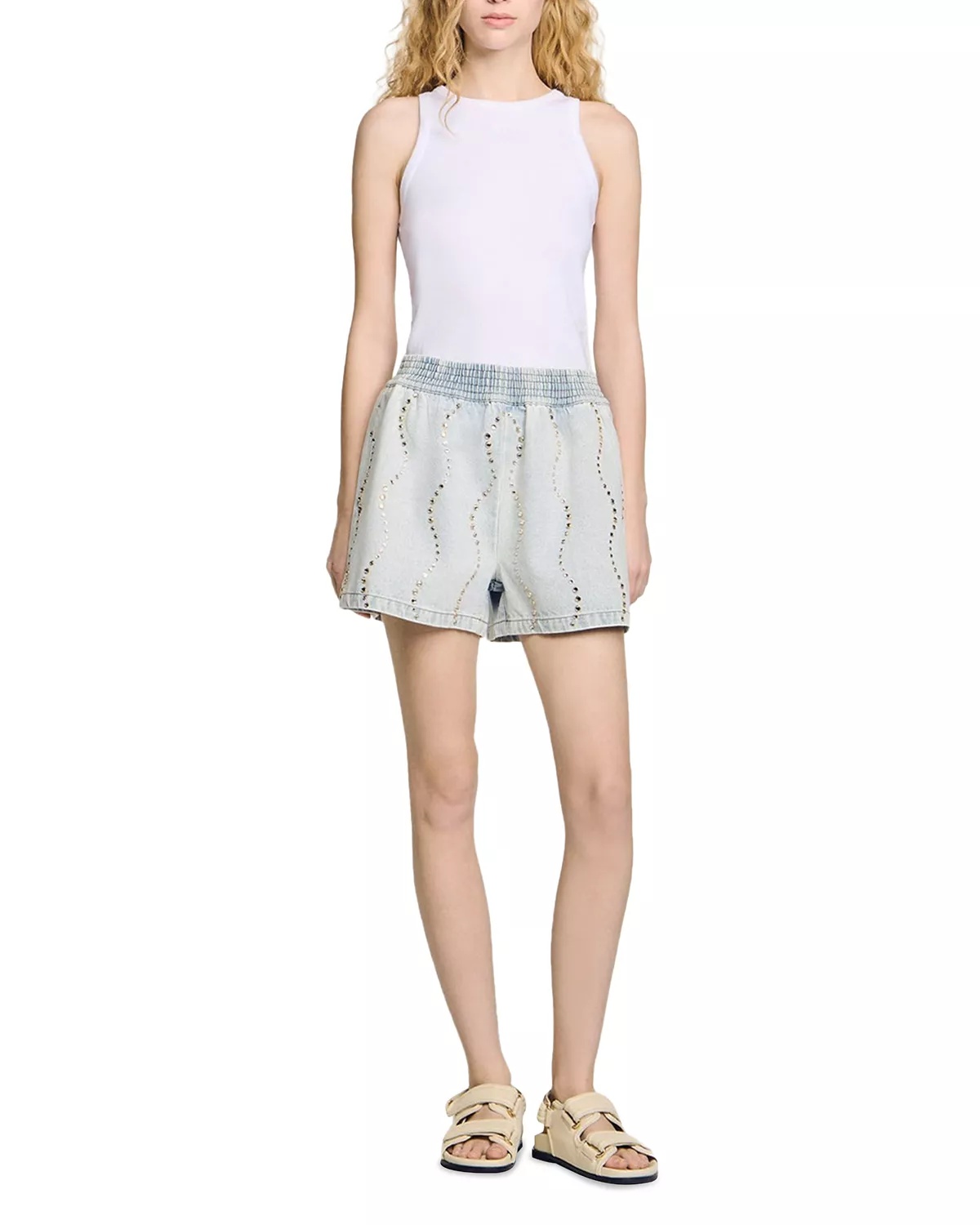 Beaded Rhinestone Denim Shorts - 5