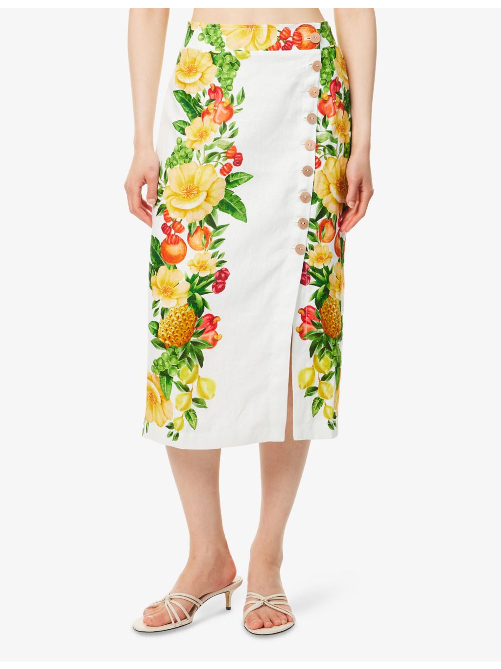 Picnic Flowers High-Waist Linen Midi Skirt - 3