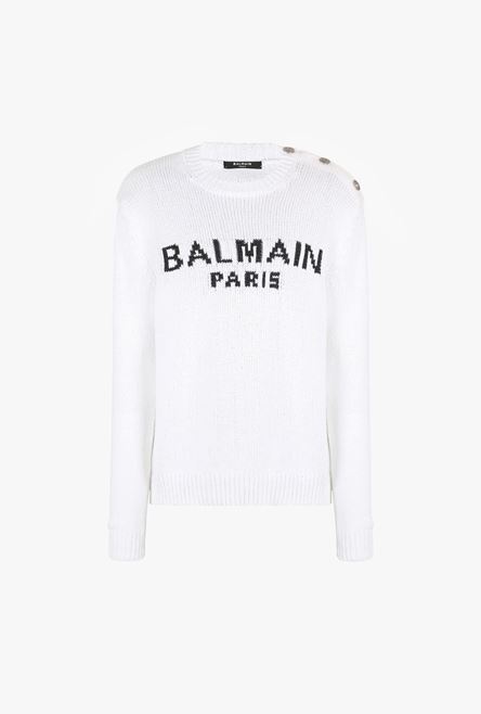 White cotton sweater with embroidered black Balmain Paris logo - 1