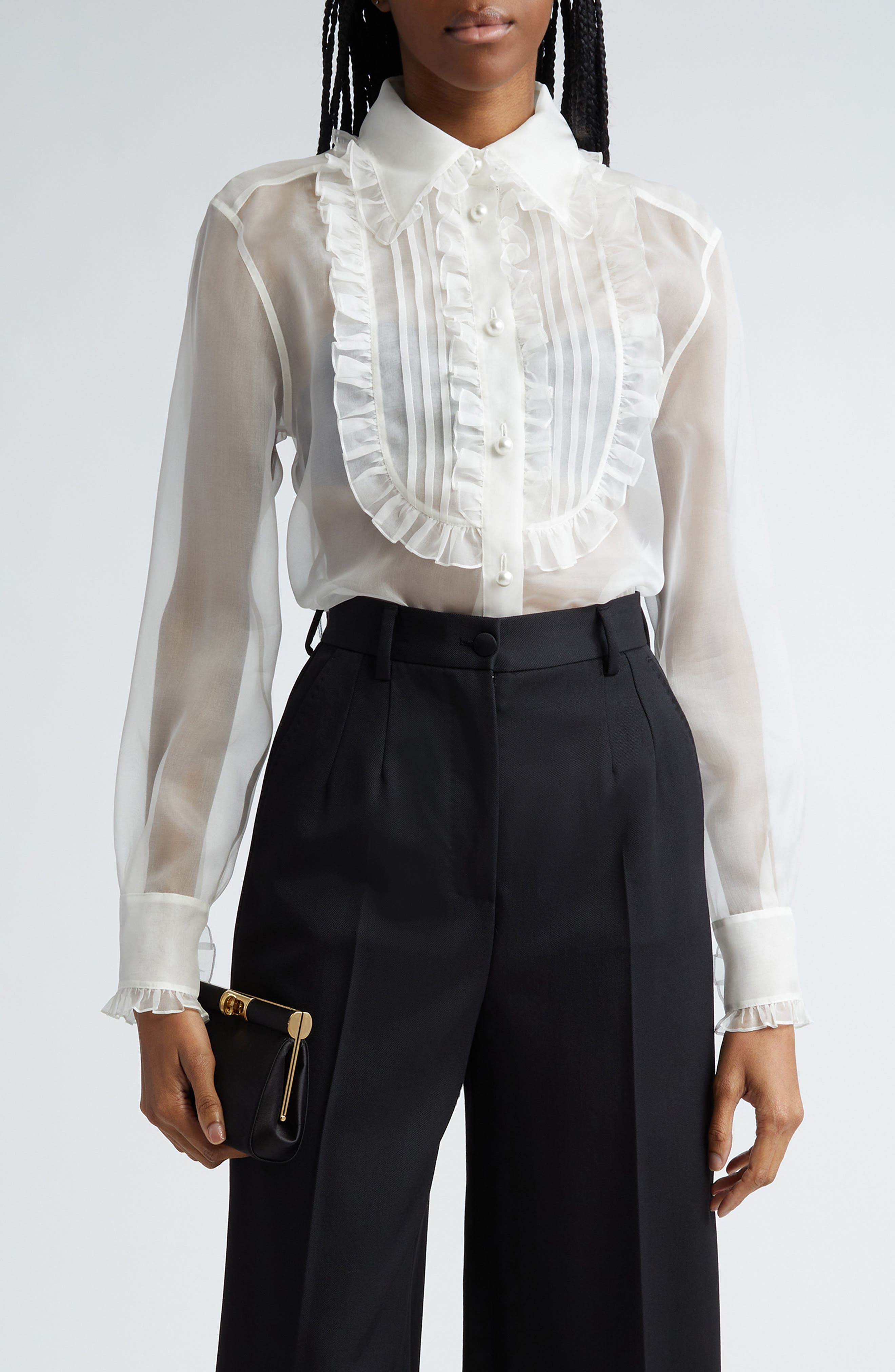 Ruffle Bib Silk Button-Up Shirt - 1