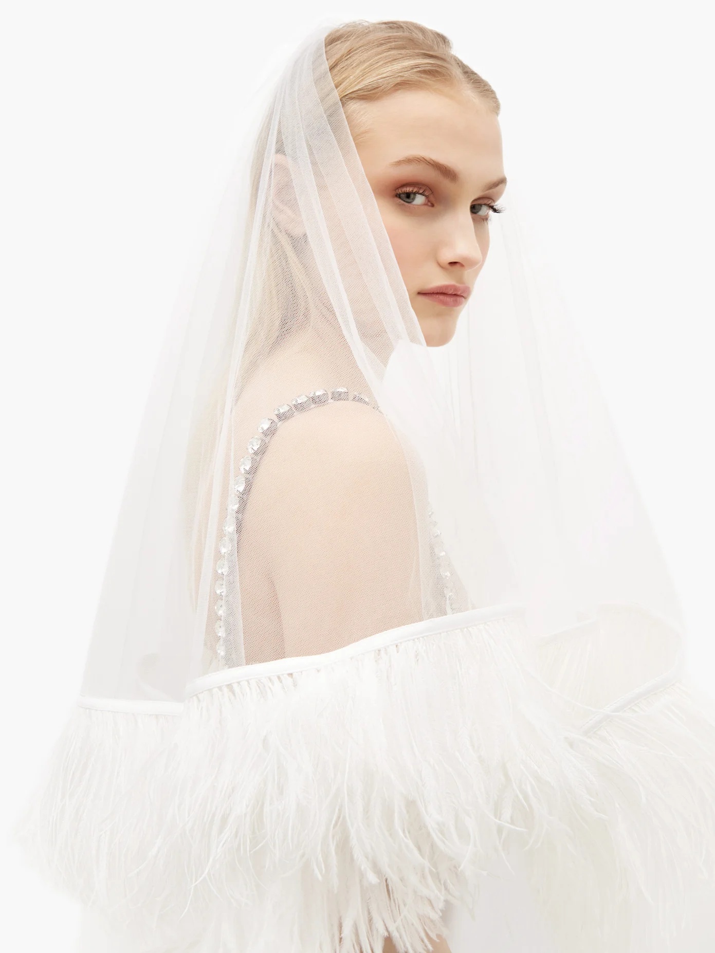 Ostrich feather-trimmed short tulle veil - 2