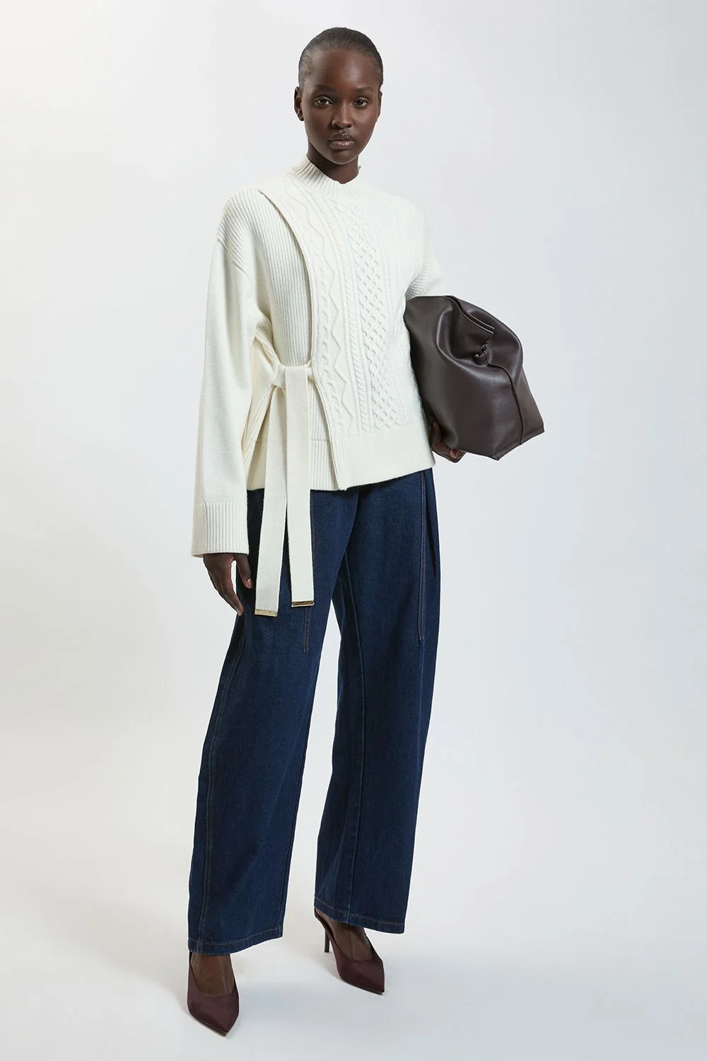 Cable Knit Viscose Blend Jumper With Wrap Detail - 1