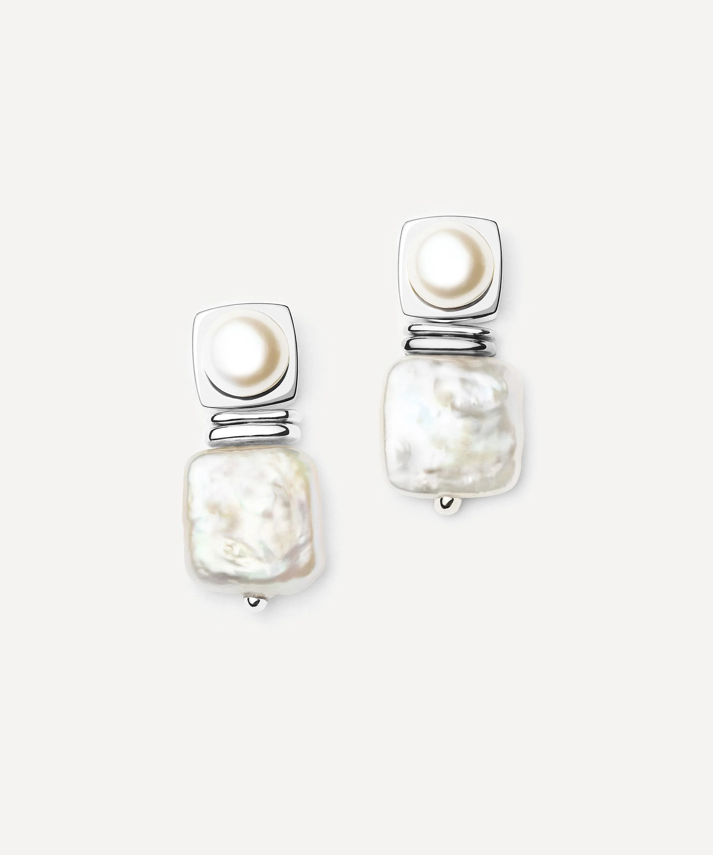 Rhodium-Plated Square Pearl Stud Earrings - 1