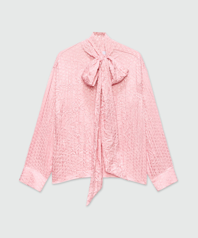 Pink satin shirt with a wrinkled effect and a jacquard "TheMwave" motif 1