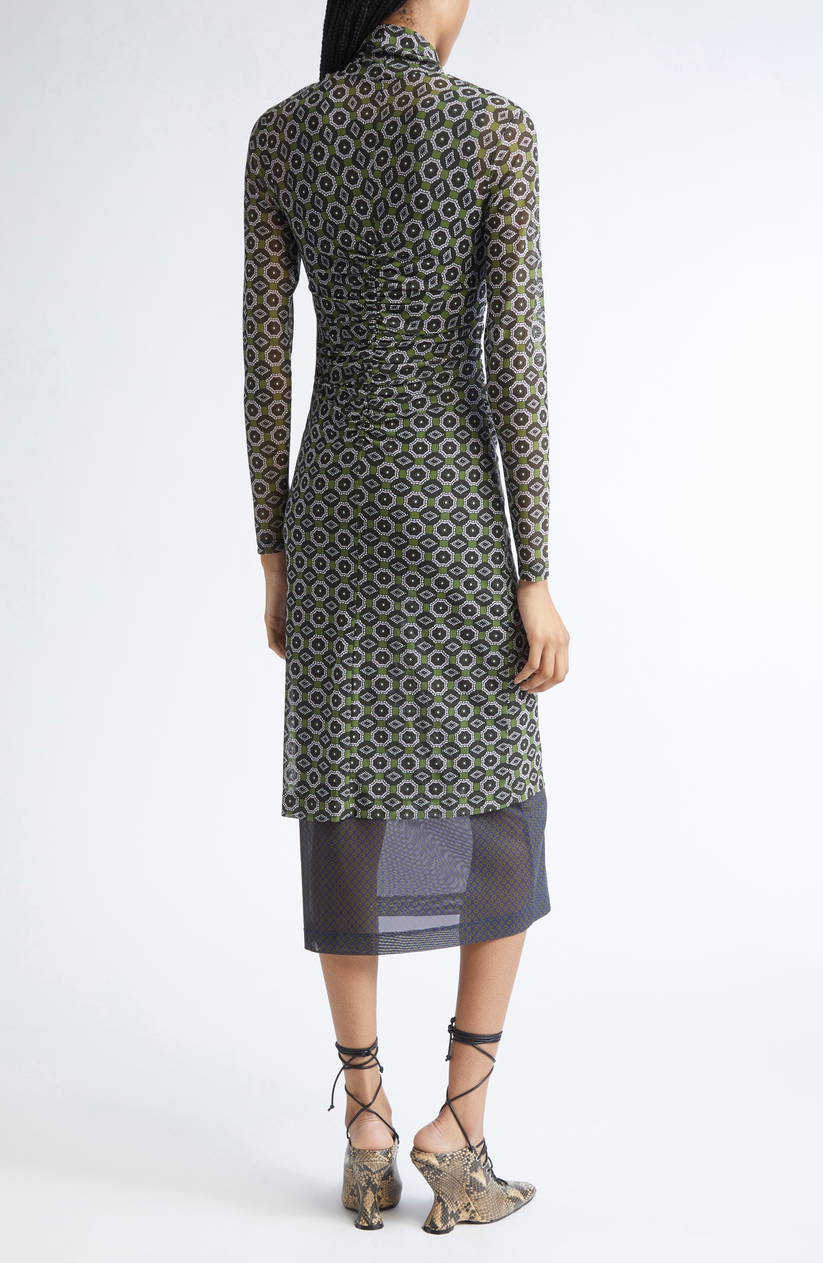 Dries Van Noten Hofes Tie Print Layered Long Sleeve Mesh Midi Dress in Green at Nordstrom - 2