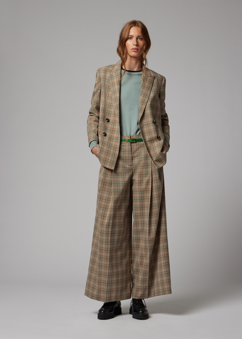Women's Cream and Blue Check Double-Breasted Blazer 8