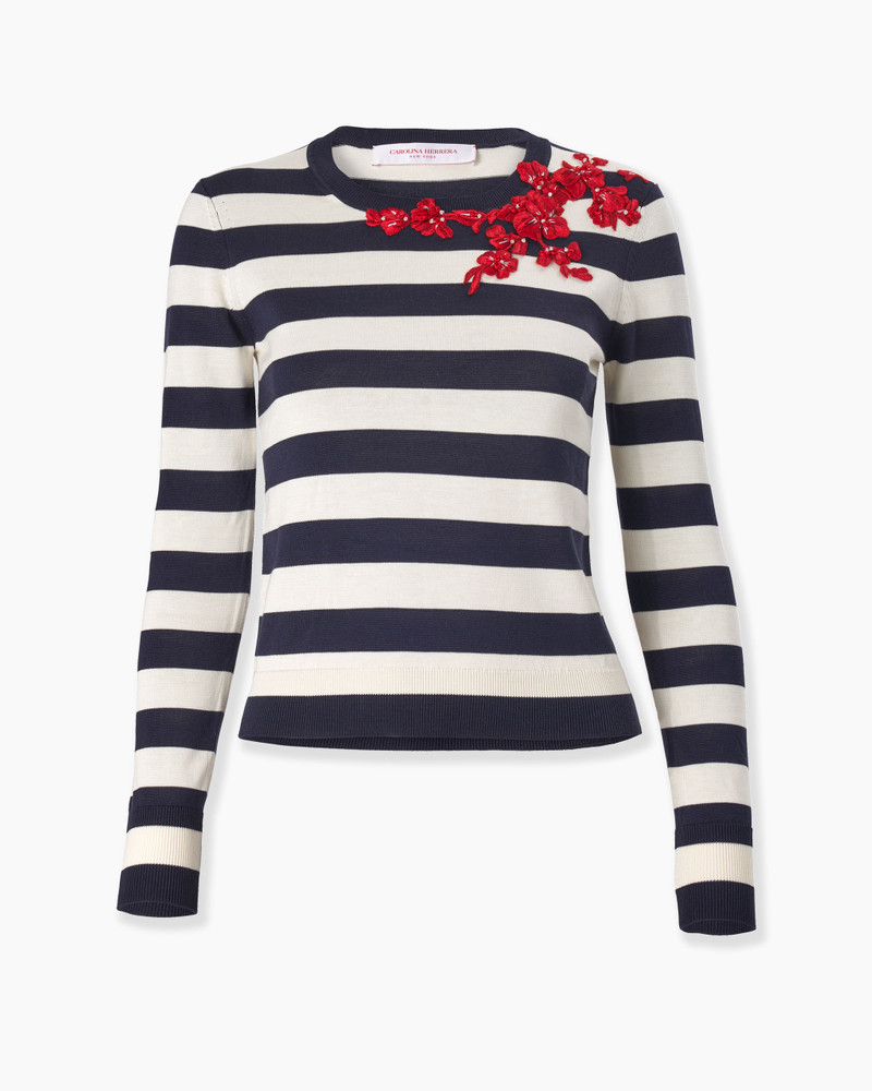 Floral-Embroidered Striped Sweater 1