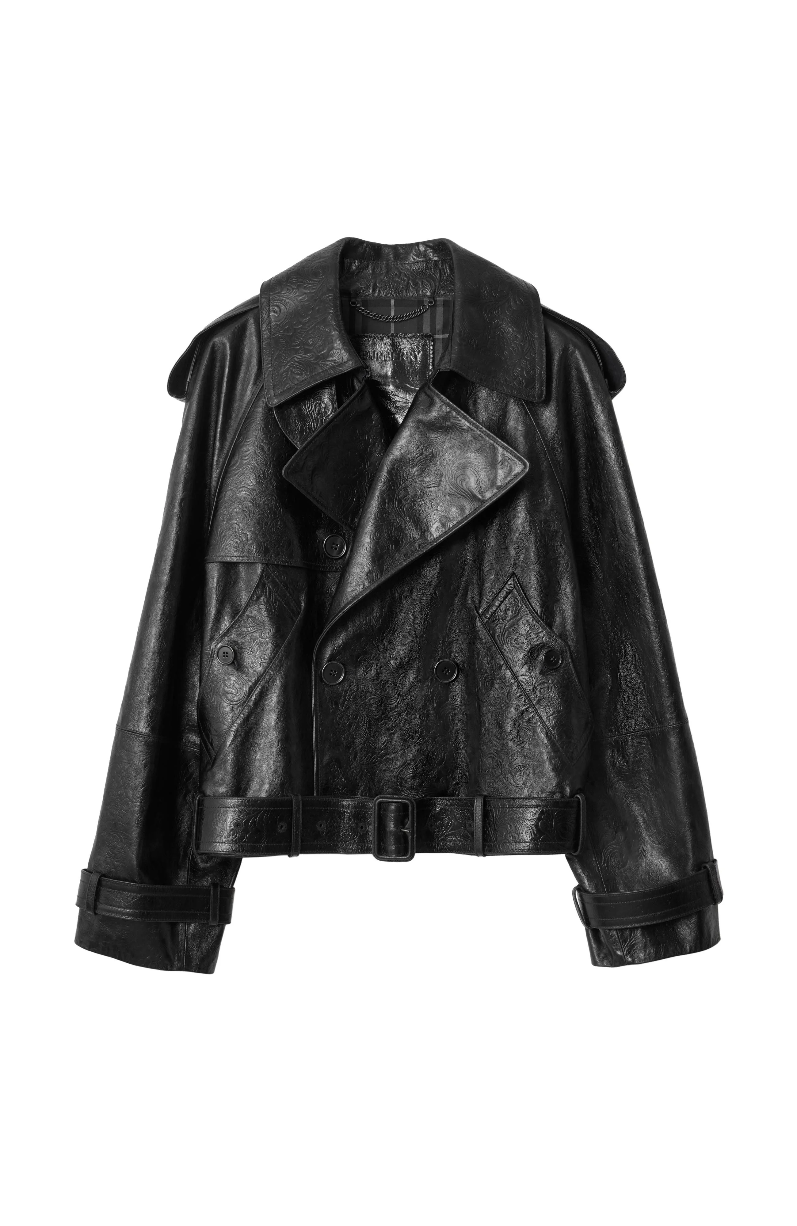 burberry Cropped Embossed Leather Trench Jacket in Silhouette Black at Nordstrom - 1