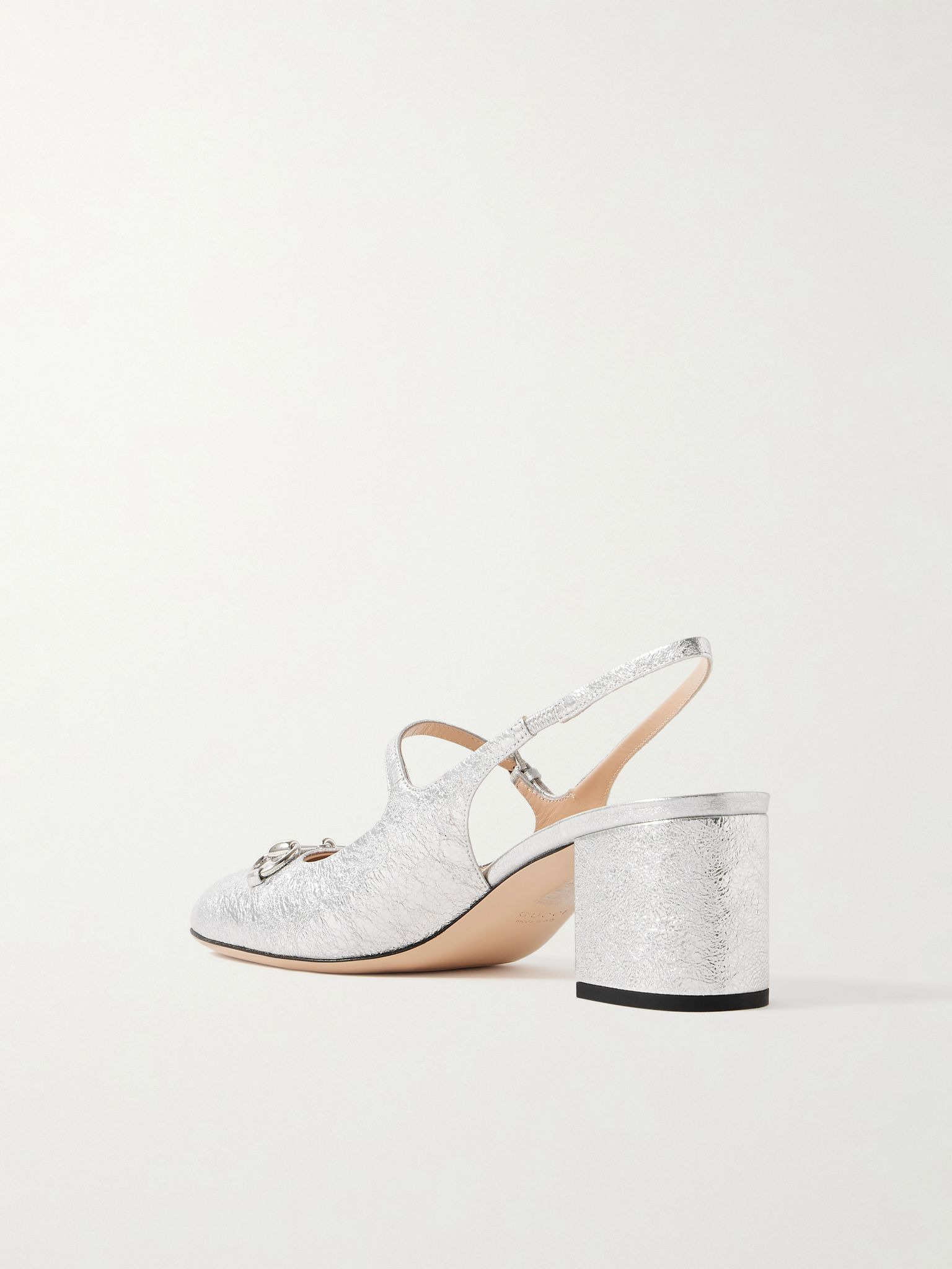 Lady horsebit-detailed metallic crinkled-leather Mary Jane pumps Silver - 3