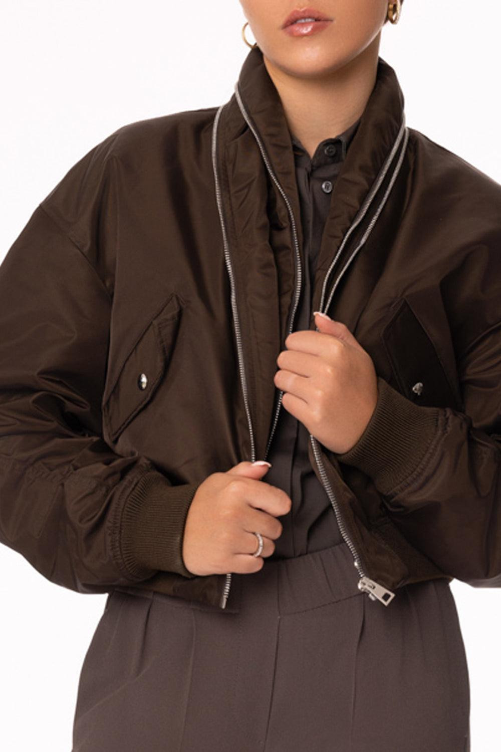 Zipped Shawl Collar Bomber Jacket - 2