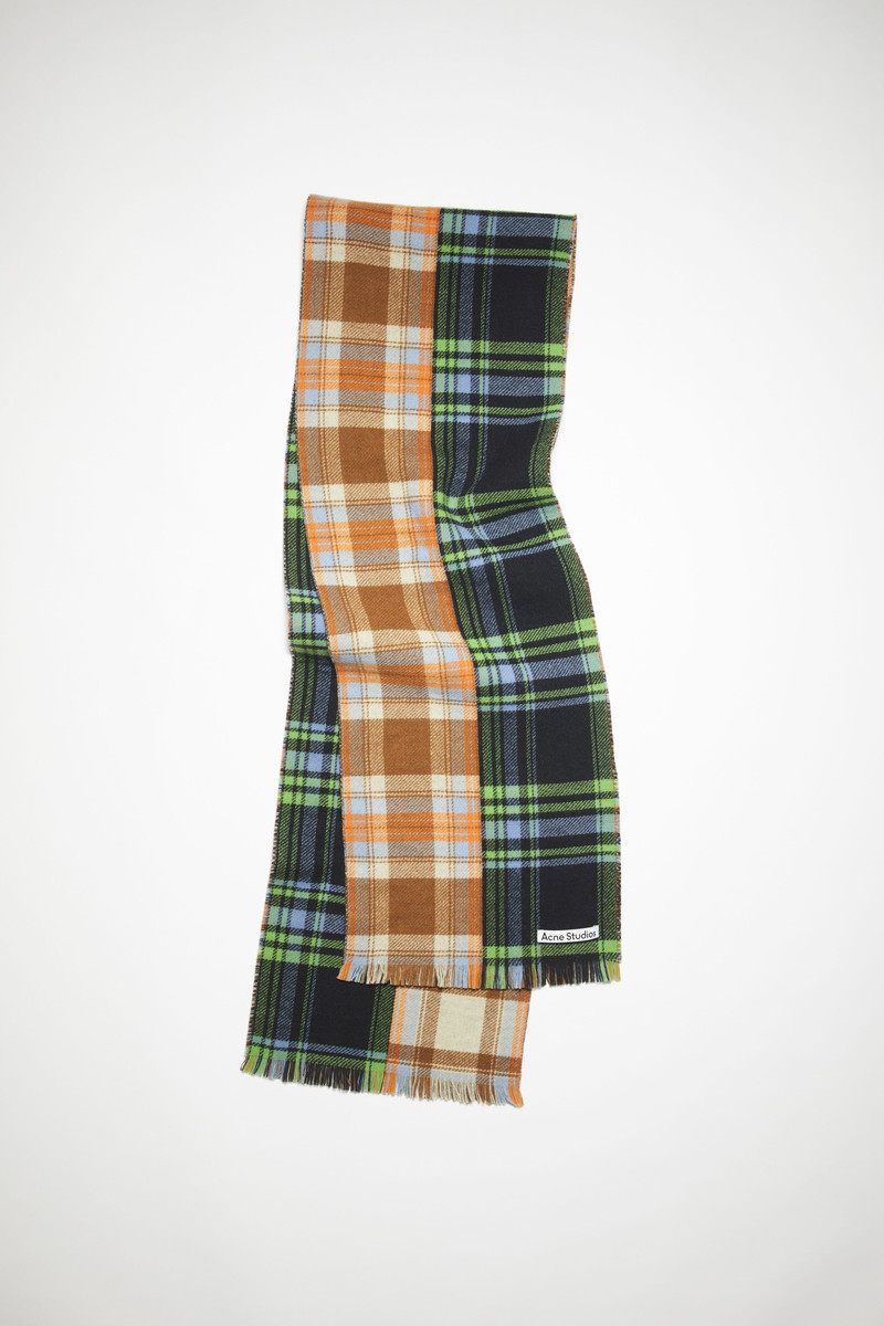 Mixed check wool scarf - Blue/green/orange 1