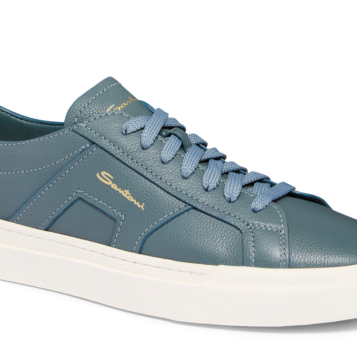 Men's light blue tumbled leather Double Buckle Sneaker - 5