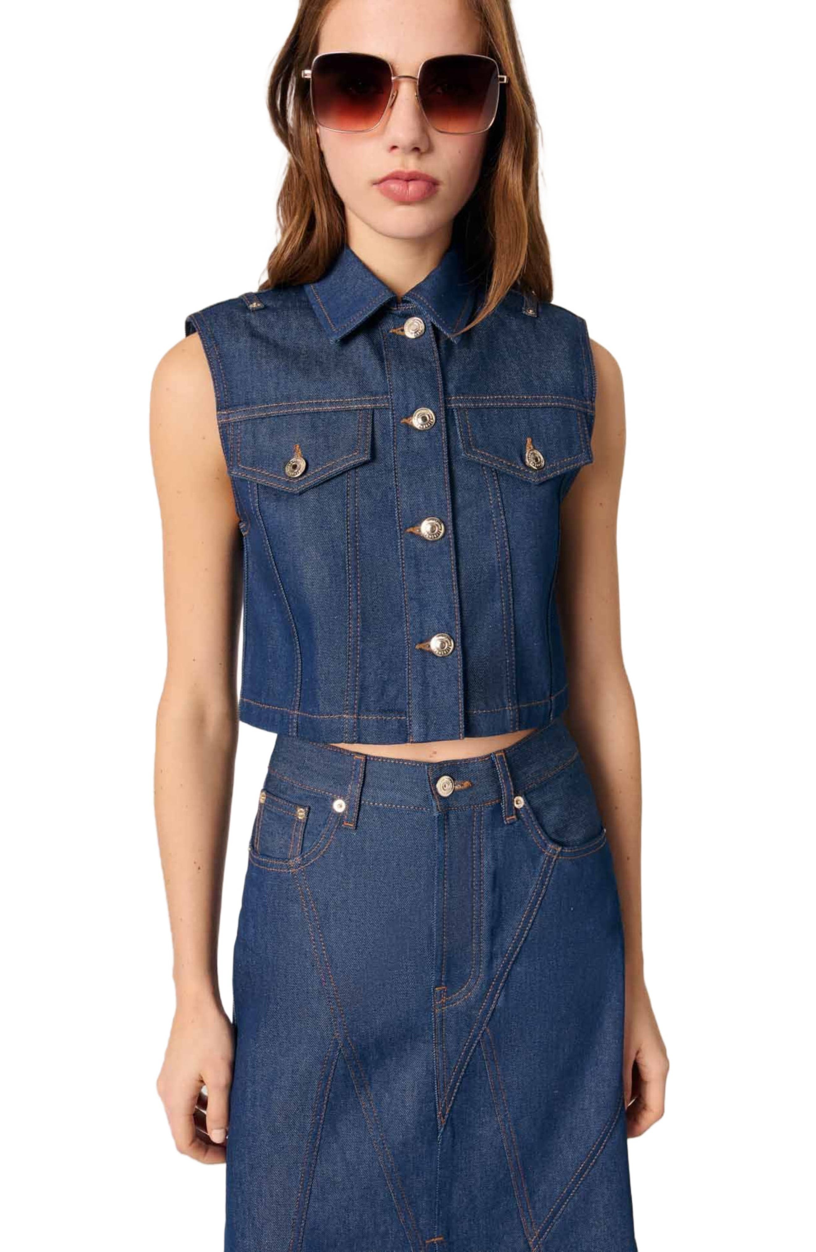maje Denim cropped jacket in Navy at Nordstrom - 7