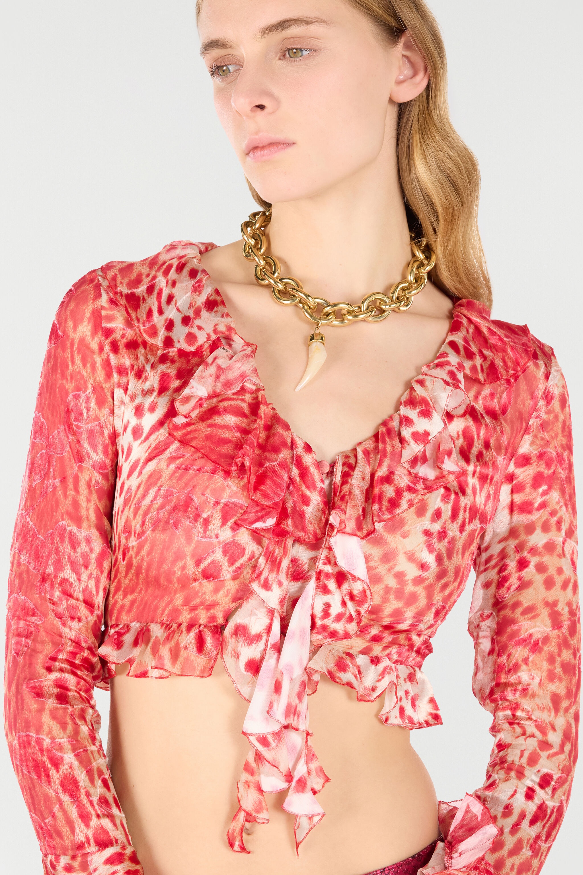 Crop Top With Ruffle And Jaguar Skin Print - 6