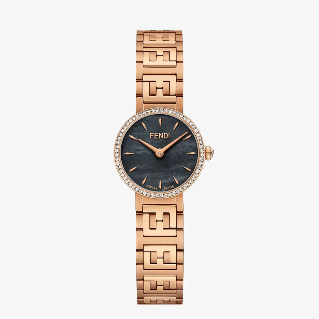 Polished and brushed rose-gold-colored stainless steel case, bezel set with 64 diamonds, approx. 0.1 - 1