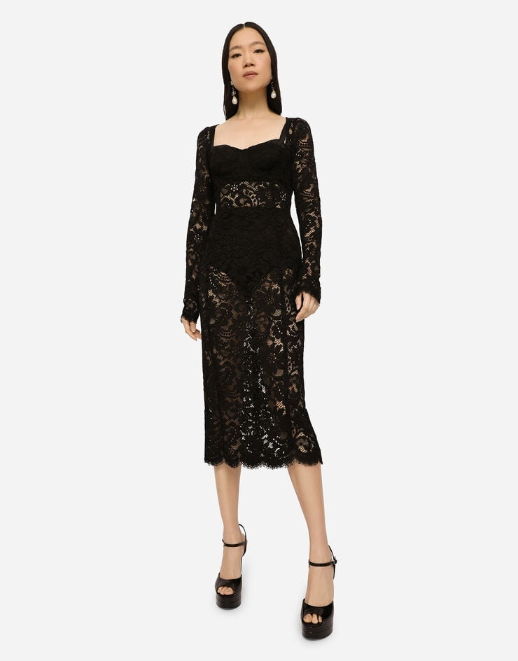 Lace calf-length dress with scalloped detailing - 5