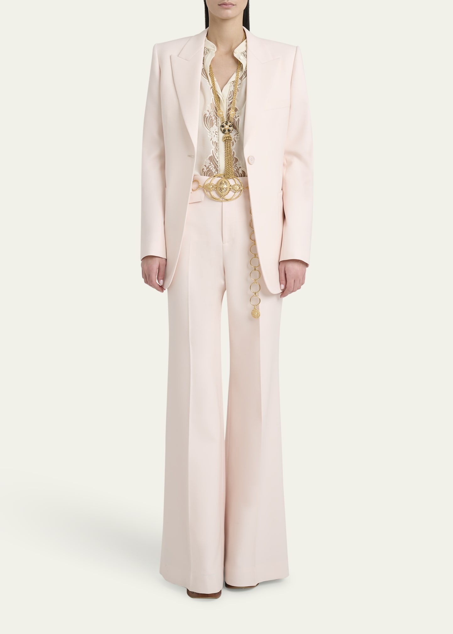 Lace Placket Tulip-Sleeve Silk Blouse - 2