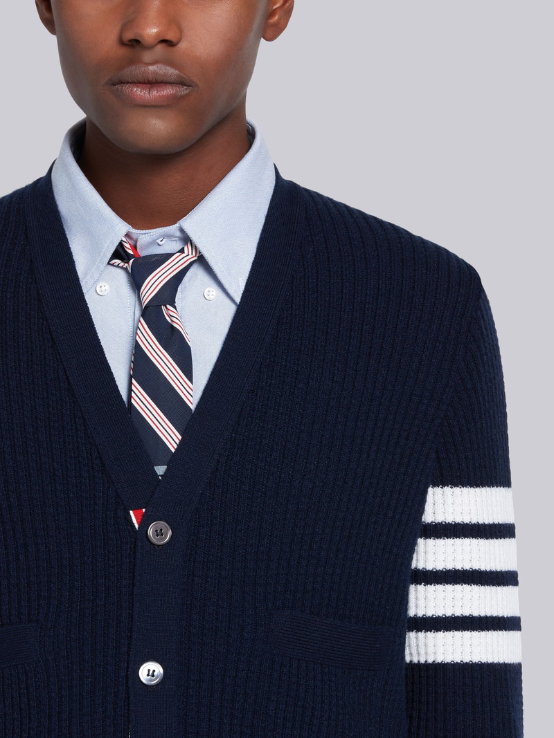 Navy Cashmere Waffle Stitch V-neck 4-Bar Cardigan 5