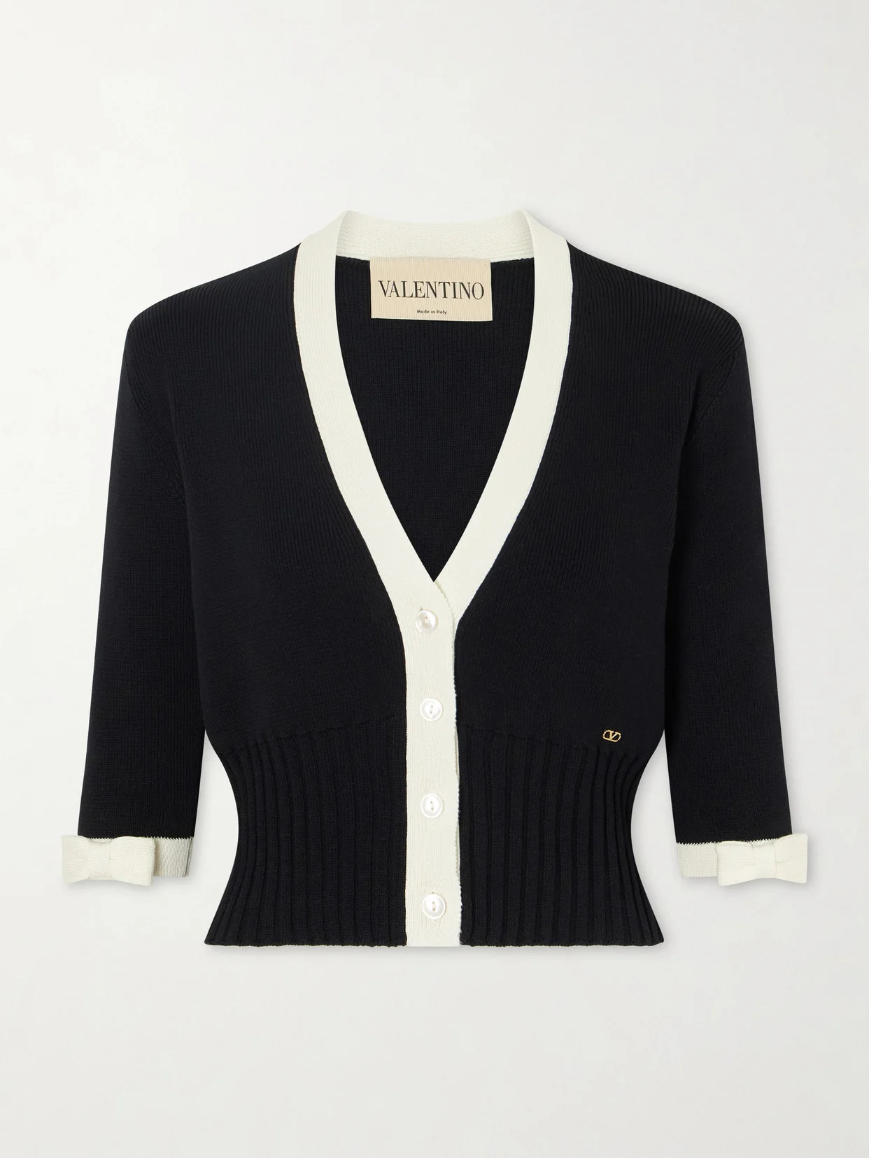 Cropped Bow-embellished Two-tone Ribbed-knit Cotton Cardigan - 1