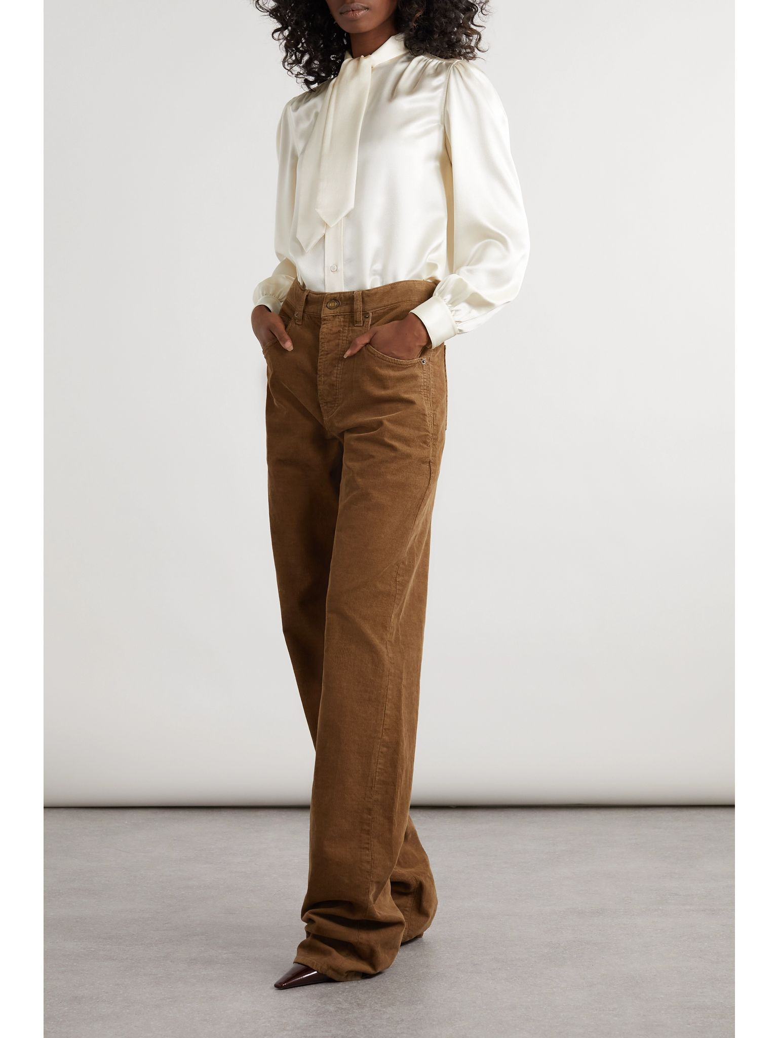 Cropped pussy-bow silk-charmeuse blouse Cream - 2
