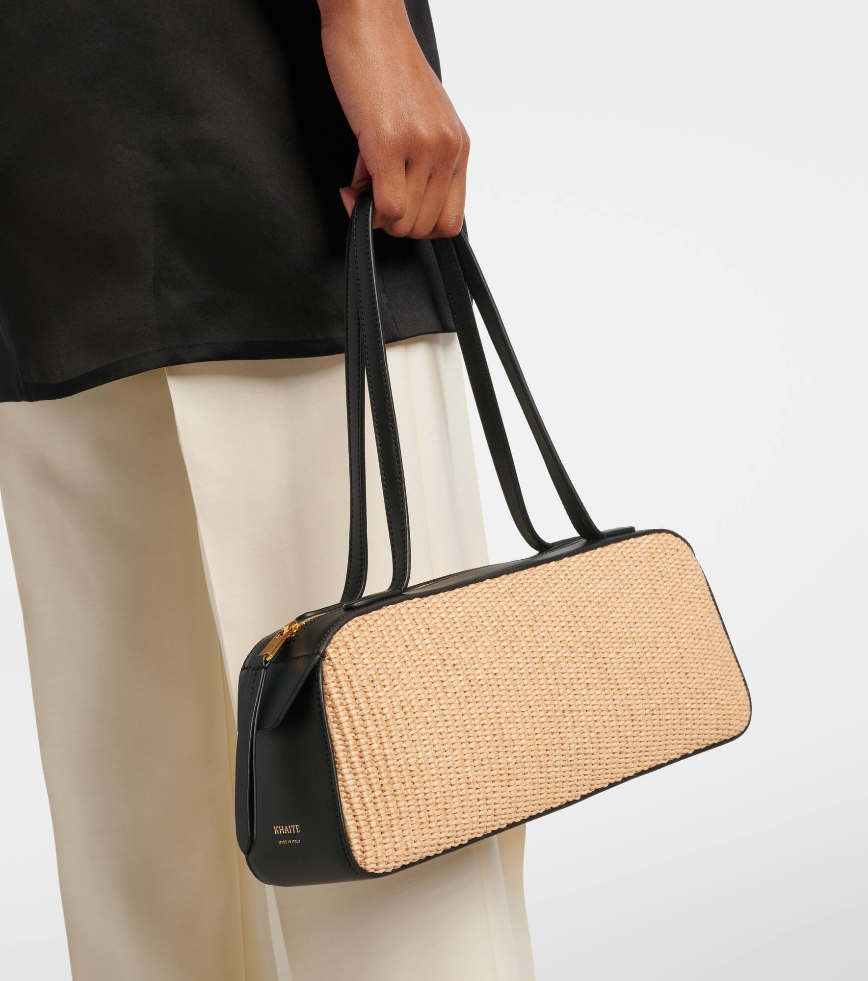 Simona leather-trimmed raffia shoulder bag - 2