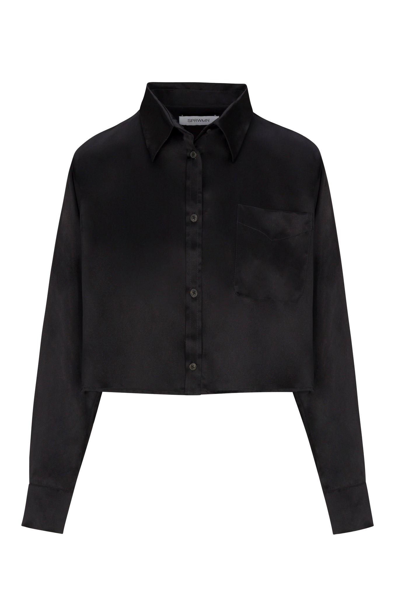 BLACK SILK CROPPED BUTTON DOWN - 5