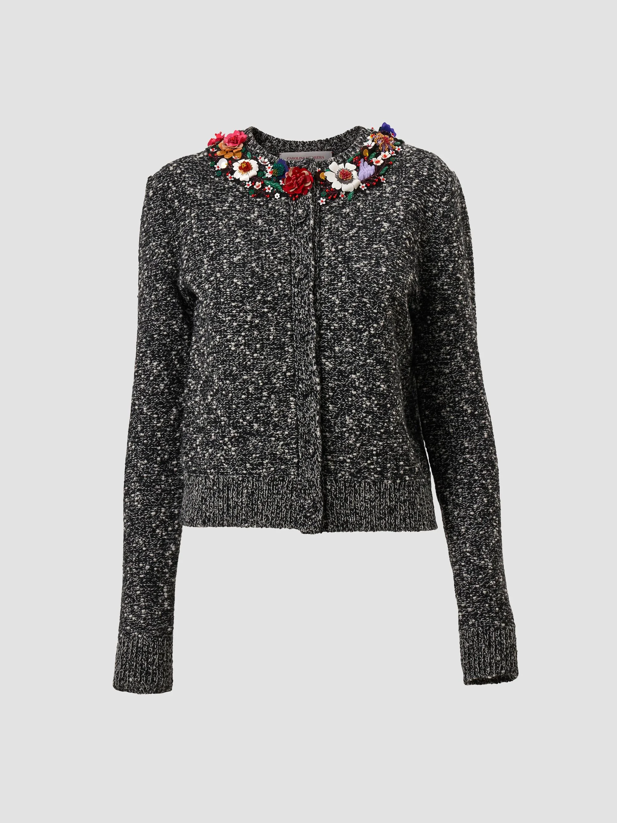 Women's 3D Floral-Collar Wool-Blend Cardigan - Black White - 1