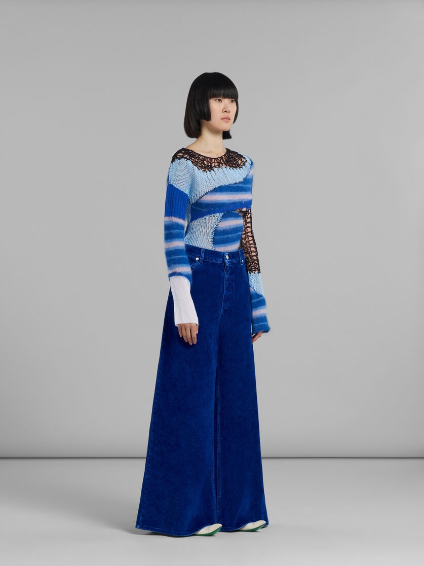 BLUE FLOCKED DENIM WIDE-LEG TROUSERS - 5