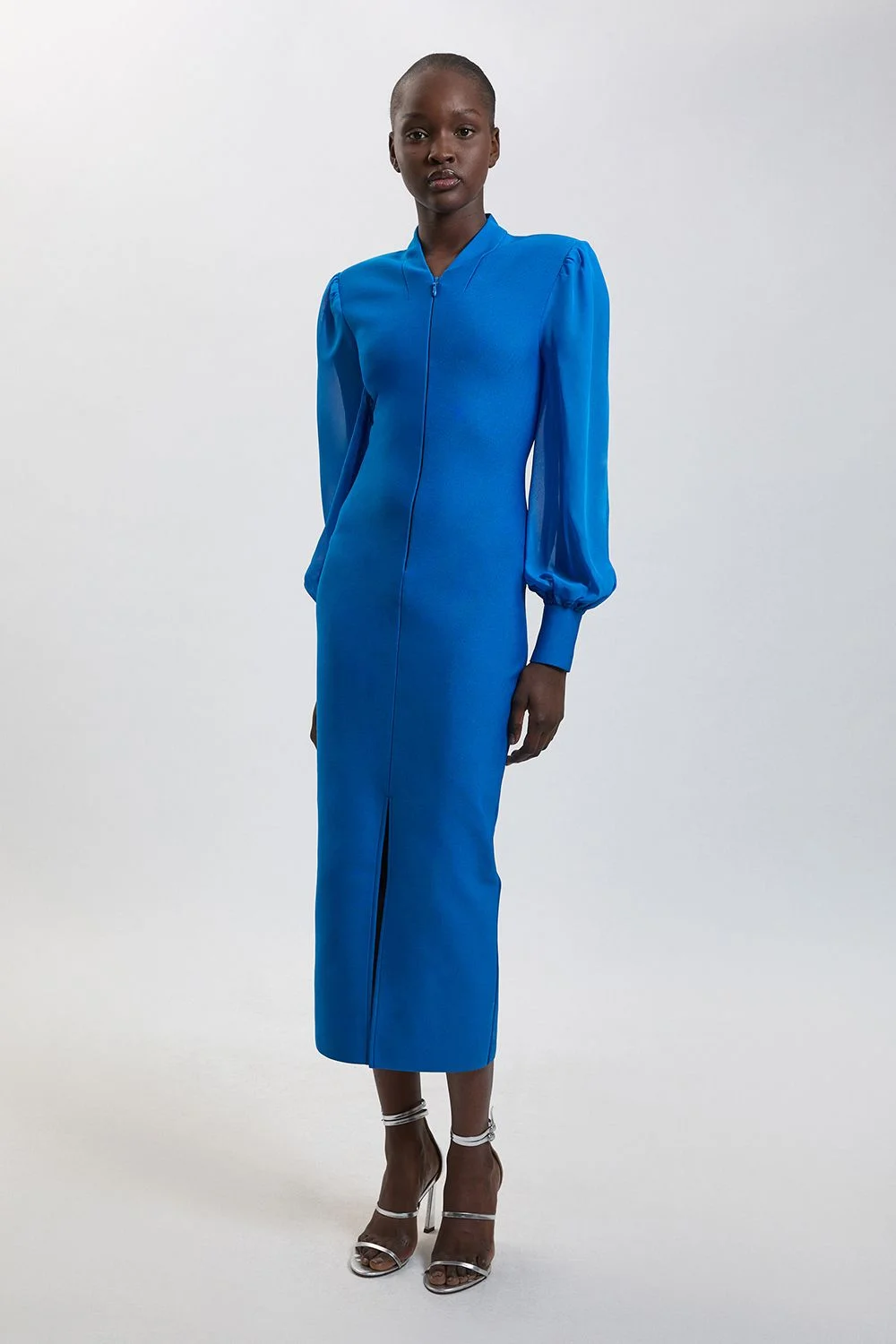 Bandage Figure Form Zip Detail Chiffon Sleeve Knit Dress - 1