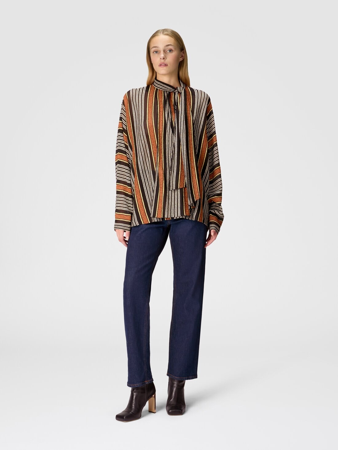 Blouse with scarf collar in lamé striped viscose - 2